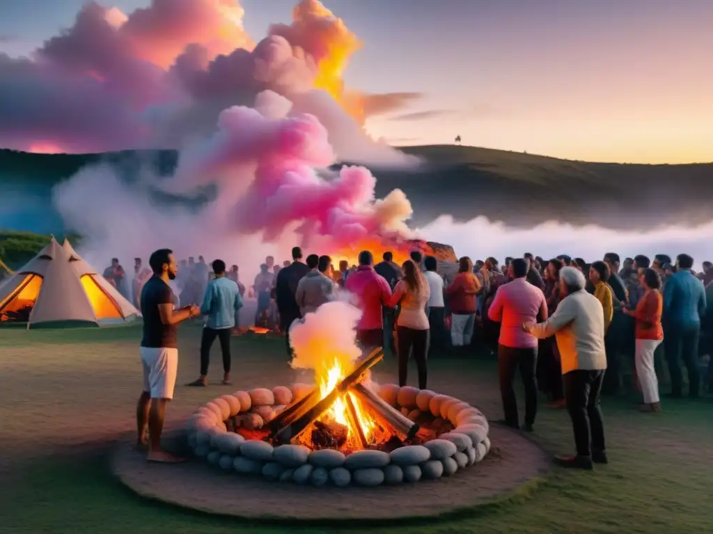 Un mágico atardecer de solsticio en un camping uruguayo, donde la comunidad comparte tradiciones alrededor de una fogata