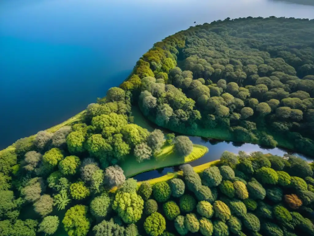 Un mágico campamento en Uruguay, entre bosques verdes y río serpenteante bajo el cielo azul