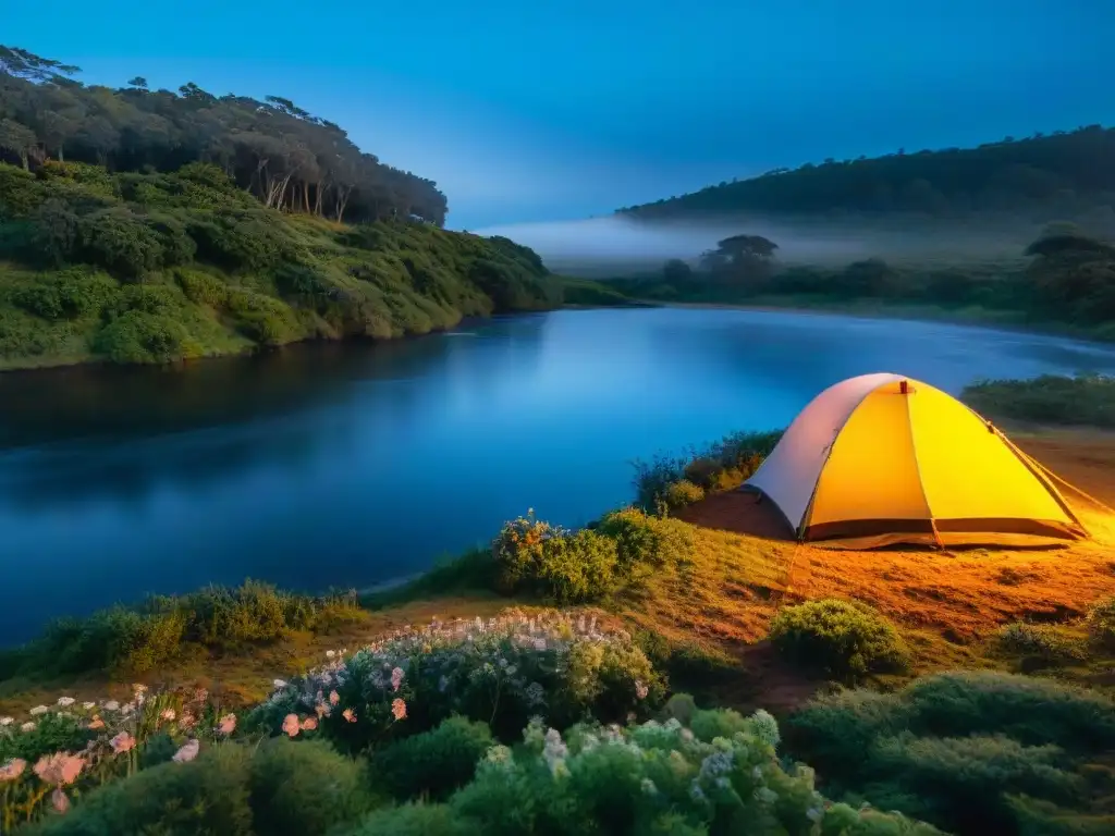 Un mágico campamento escondido entre bosques verdes en Uruguay, con arroyo, flores silvestres y fogata bajo un cielo estrellado