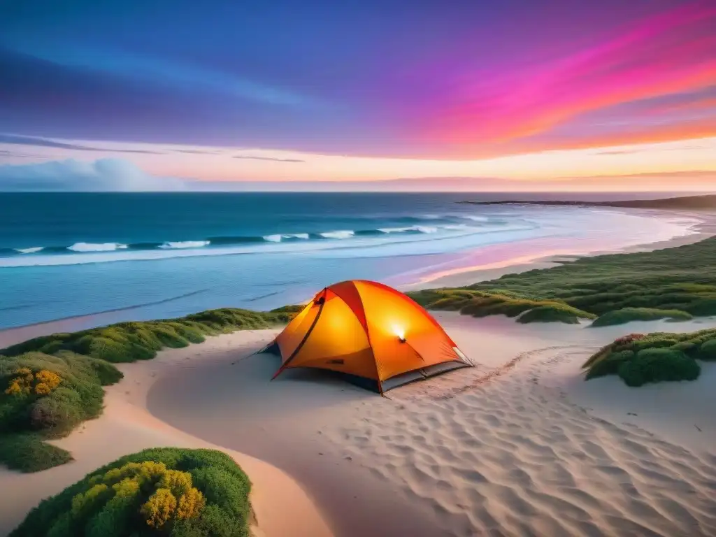 Un mágico campamento en la mejor playa de Uruguay al atardecer con amigos alrededor de la fogata