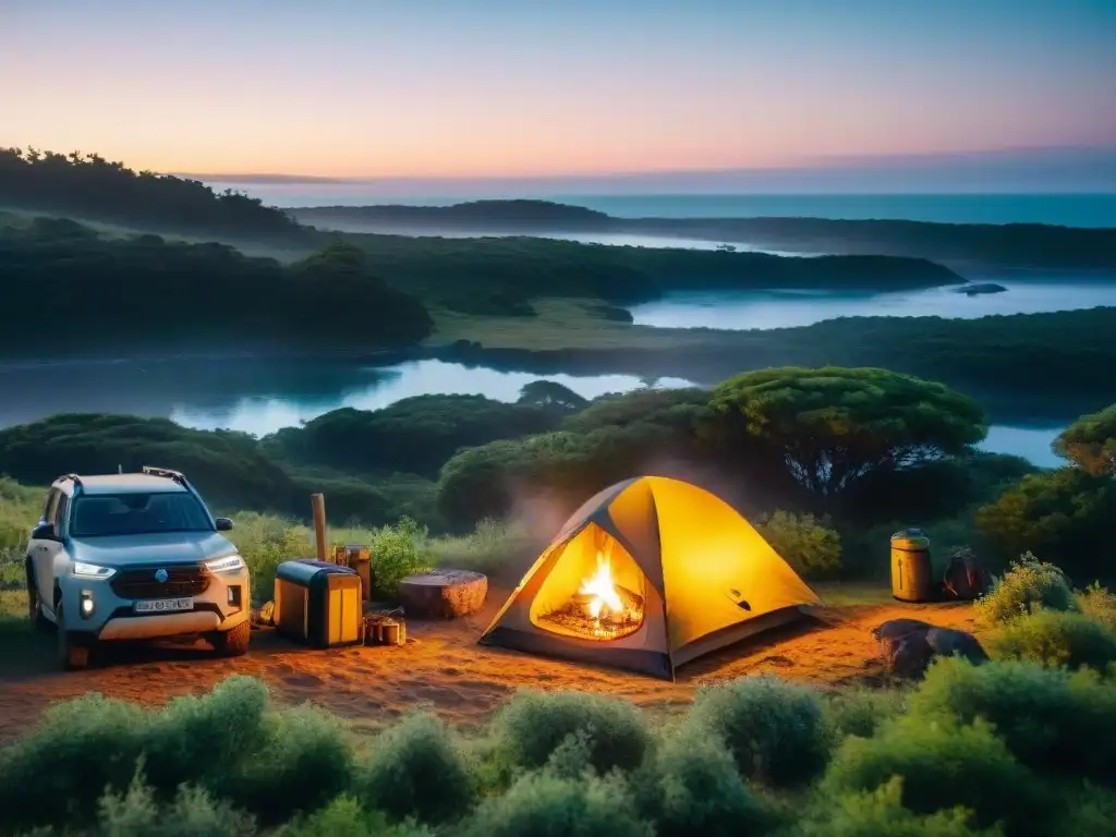 Un mágico camping en áreas remotas de Uruguay: fogata, tiendas y naturaleza bajo un cielo estrellado