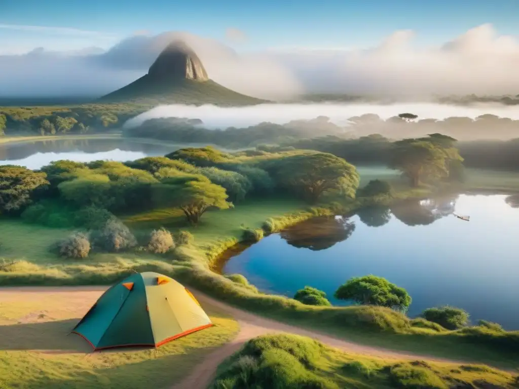 Un mágico camping en Uruguay con una tienda acogedora entre la naturaleza, junto a un lago al amanecer