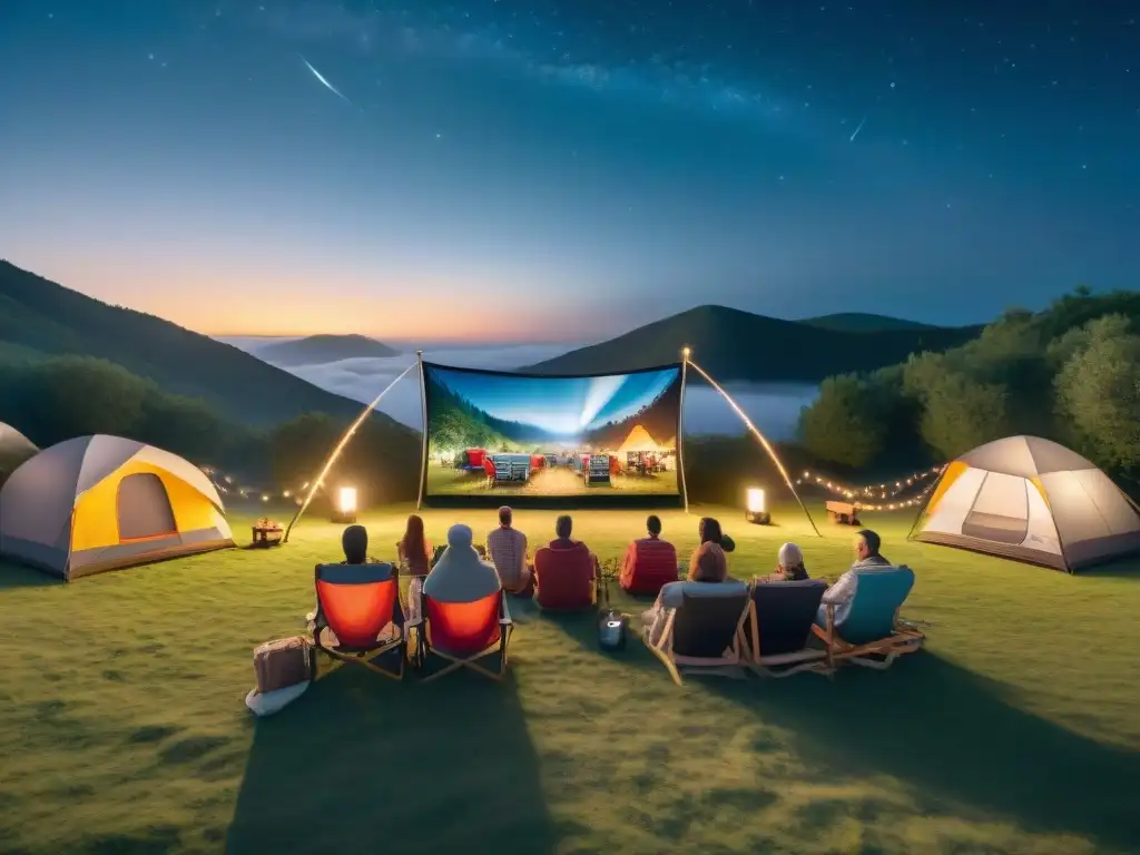 Un mágico festival de cine en camping: grupo diverso bajo las estrellas viendo película en pantalla gigante