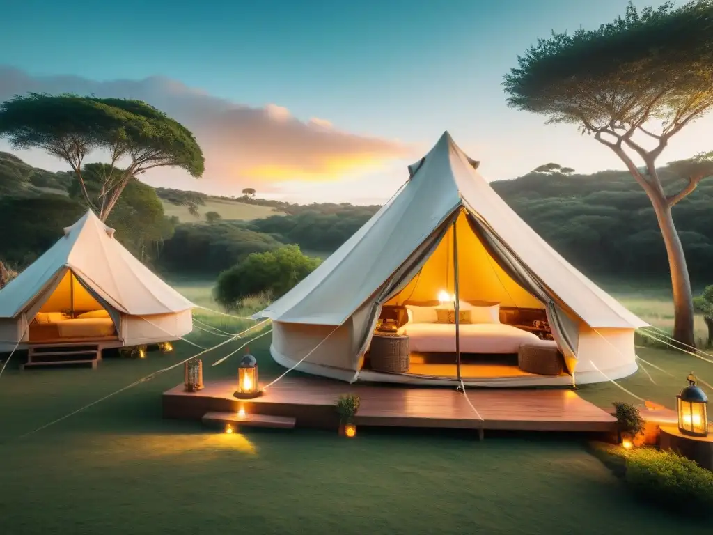 Un mágico glamping en Uruguay para principiantes: una tienda de lujo decorada con luces de hadas y rodeada de exuberante naturaleza al atardecer