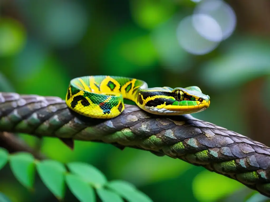 Majestuosa víbora pitón camuflada en un árbol en la selva de Uruguay