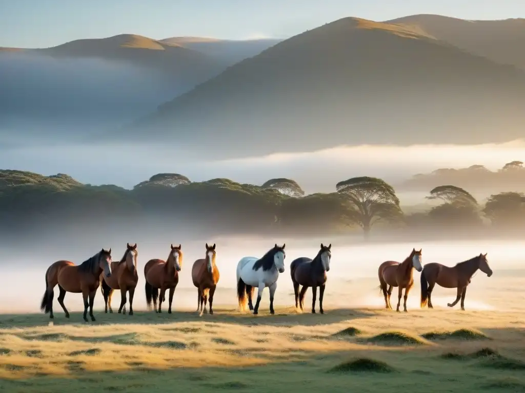 Majestuoso amanecer en el campo uruguayo con caballos salvajes pastando en la niebla