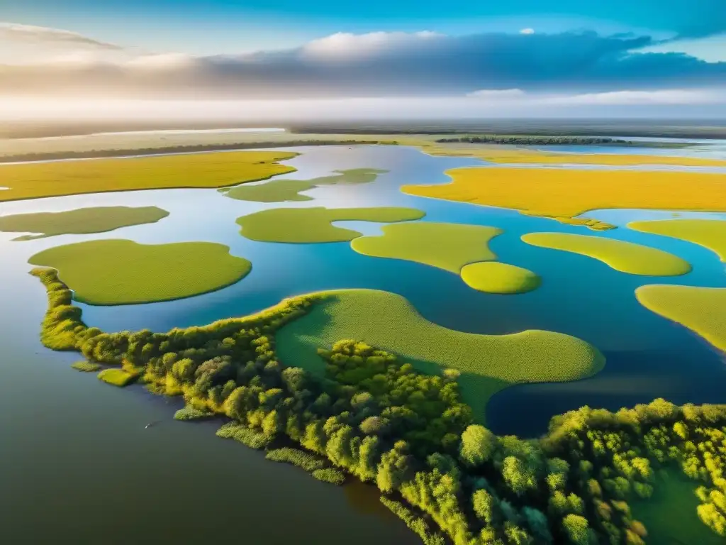 Un majestuoso atardecer en humedal de Uruguay, con aves migratorias en vuelo