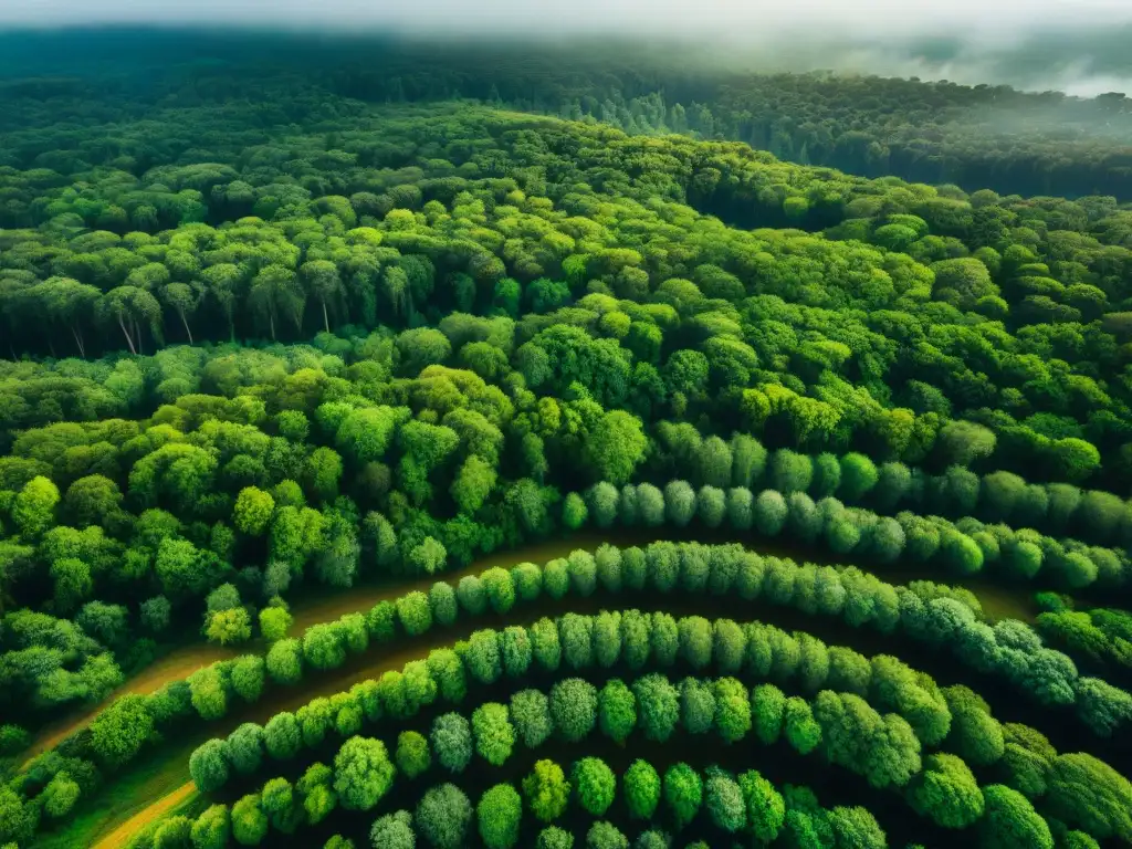 Un majestuoso bosque en Uruguay con un exuberante dosel verde y un río serpenteante, fomentando la reforestación en camping Uruguay