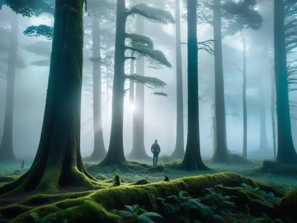 Majestuoso bosque místico al anochecer en área de conservación en Uruguay, con figura misteriosa