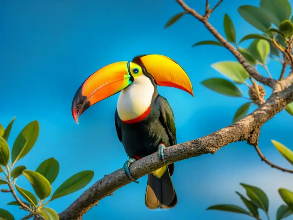 Un majestuoso tucán de colores posado en una rama, en Cerro Verde camping Uruguay naturaleza