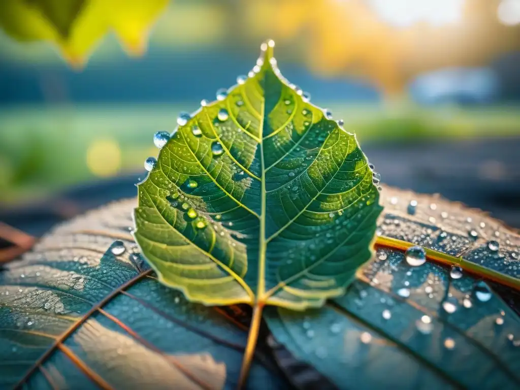 Un majestuoso detalle de una hoja verde con gotas de rocío en un camping, ideal para equipos de macrofotografía para camping