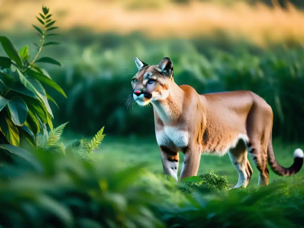 Fotografiar fauna uruguaya: Puma majestuoso acechando en la exuberante jungla con mirada intensa en su presa