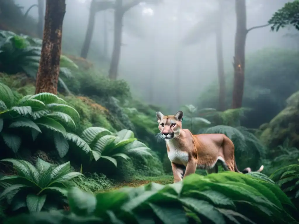 Un majestuoso puma se desliza sigilosamente en la exuberante vegetación de un denso bosque en Uruguay, fotografiando fauna silvestre en Uruguay