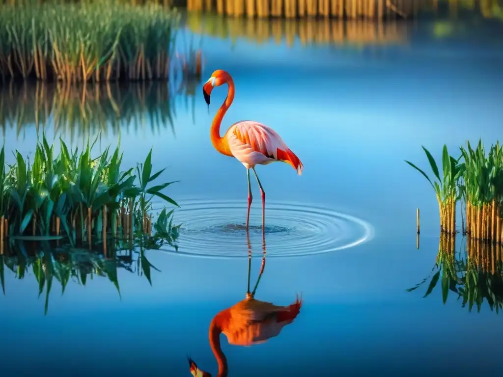 Majestuoso flamenco rosado en un lago uruguayo rodeado de vegetación exuberante y cielo azul