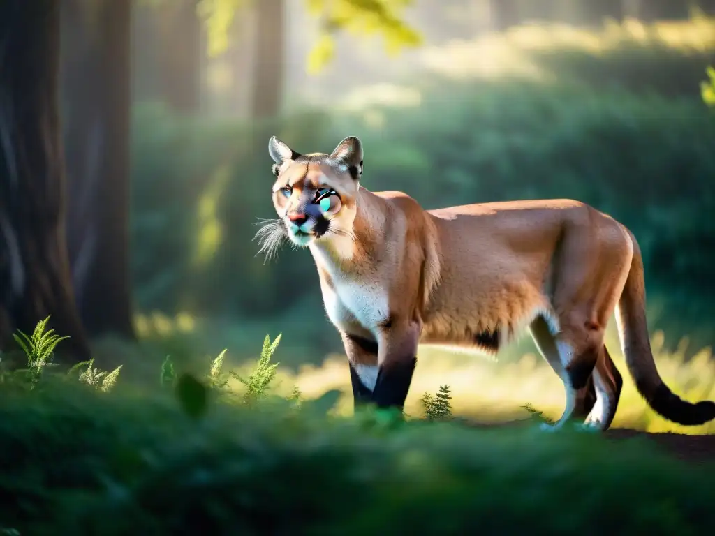 Un majestuoso puma se desplaza sigilosamente por el frondoso bosque uruguayo, su pelaje dorado brillando bajo la luz filtrada entre el dosel