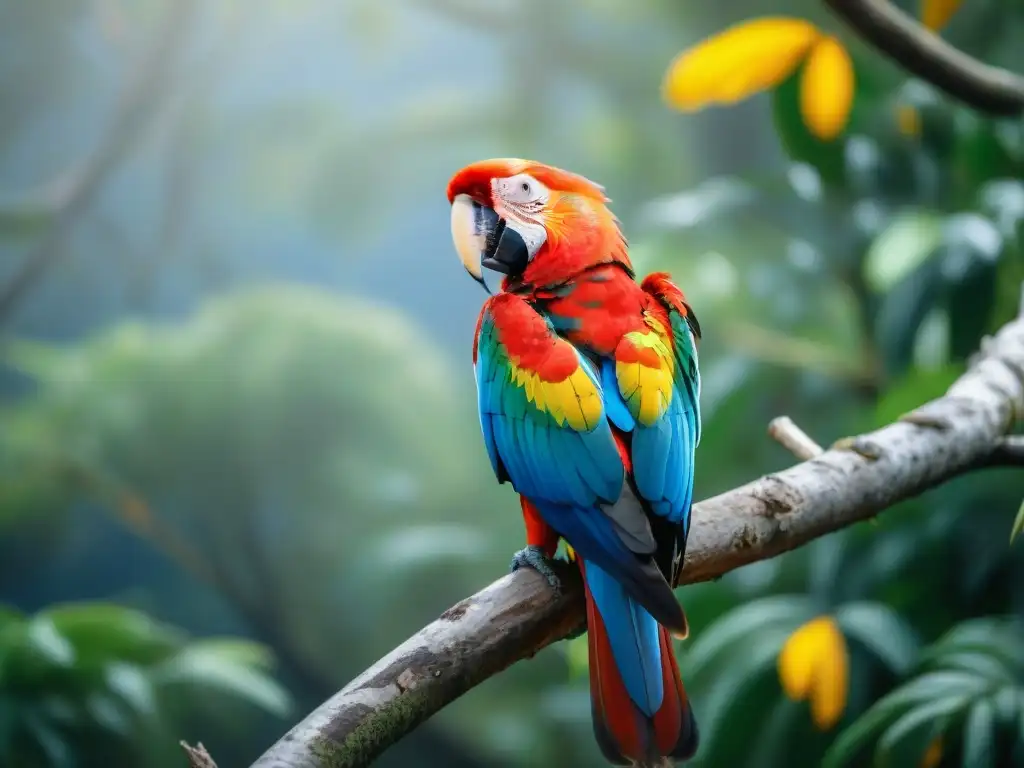 Un majestuoso Guacamayo Escarlata posado en una rama en los exuberantes bosques de Uruguay, iluminado por el sol filtrado entre el dosel