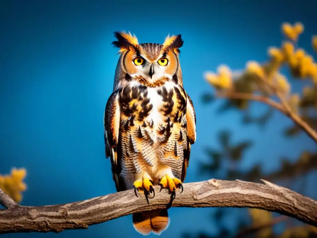 Majestuoso búho cornudo posado en rama nocturna, con ojos amarillos brillantes y plumas al viento