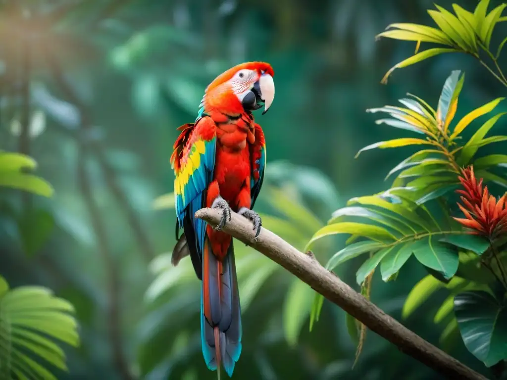 Un majestuoso Guacamayo Escarlata posado en una rama verde en la exótica jungla de Uruguay