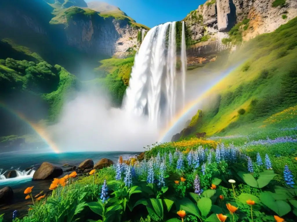 Un majestuoso salto de agua en una montaña verde, rodeado de flores silvestres y cielos azules