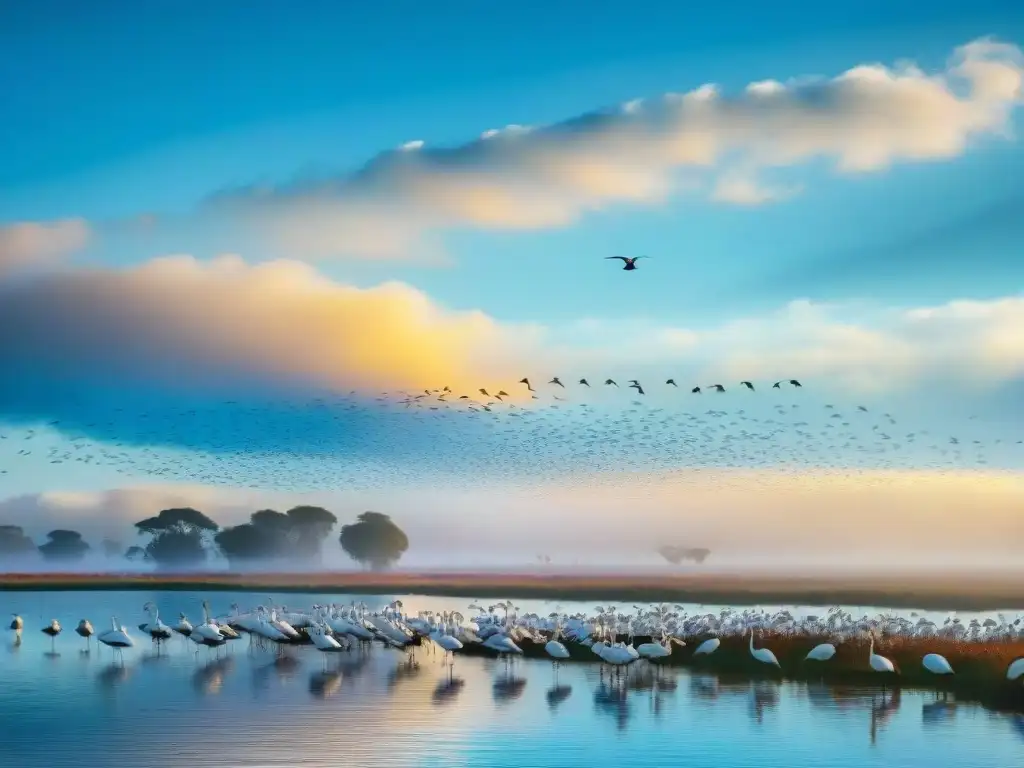 Un majestuoso vuelo de aves migratorias en Uruguay, destacando la diversidad y belleza de la población alada