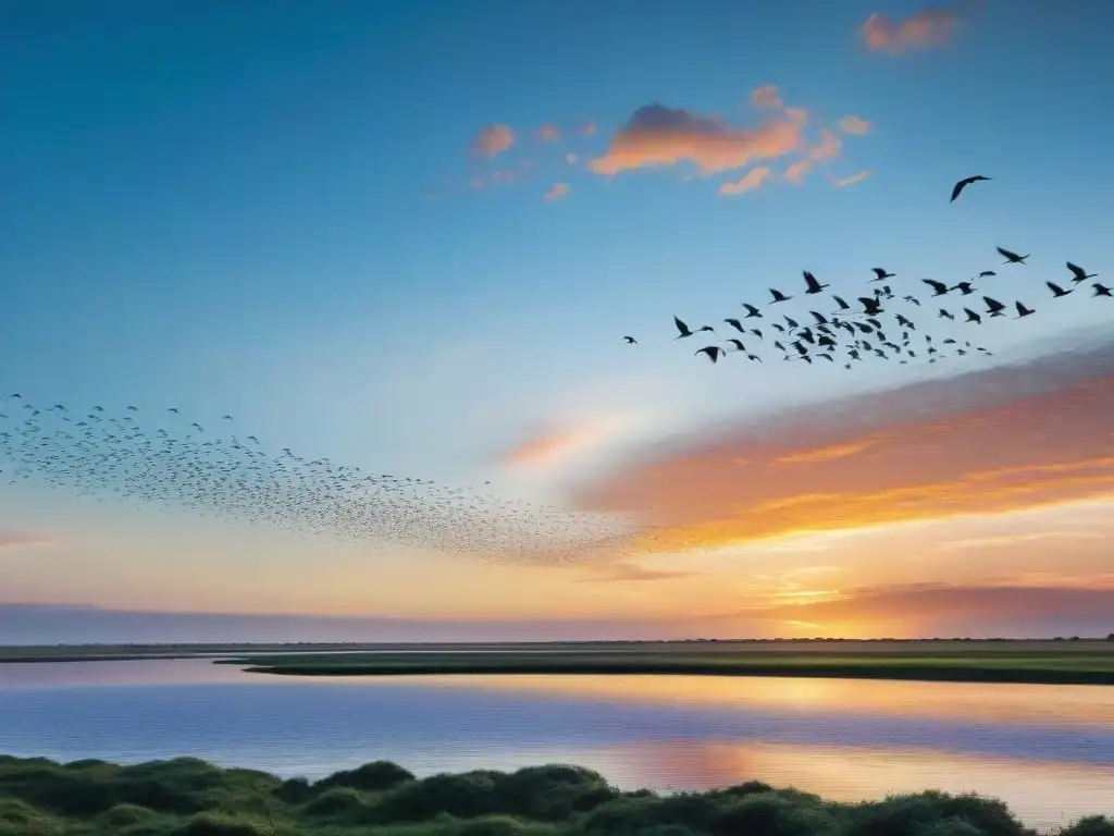 Un majestuoso vuelo de aves migratorias en Uruguay bajo un atardecer radiante