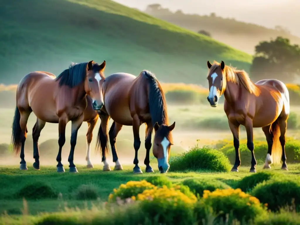 Manada de caballos salvajes en un campo verde al amanecer en Uruguay