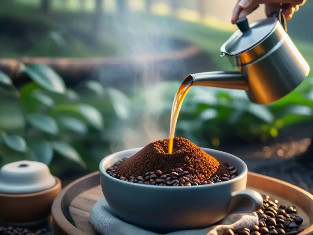 Mano vertiendo agua caliente sobre granos de café en un entorno de camping, capturando la esencia de preparar café en la naturaleza