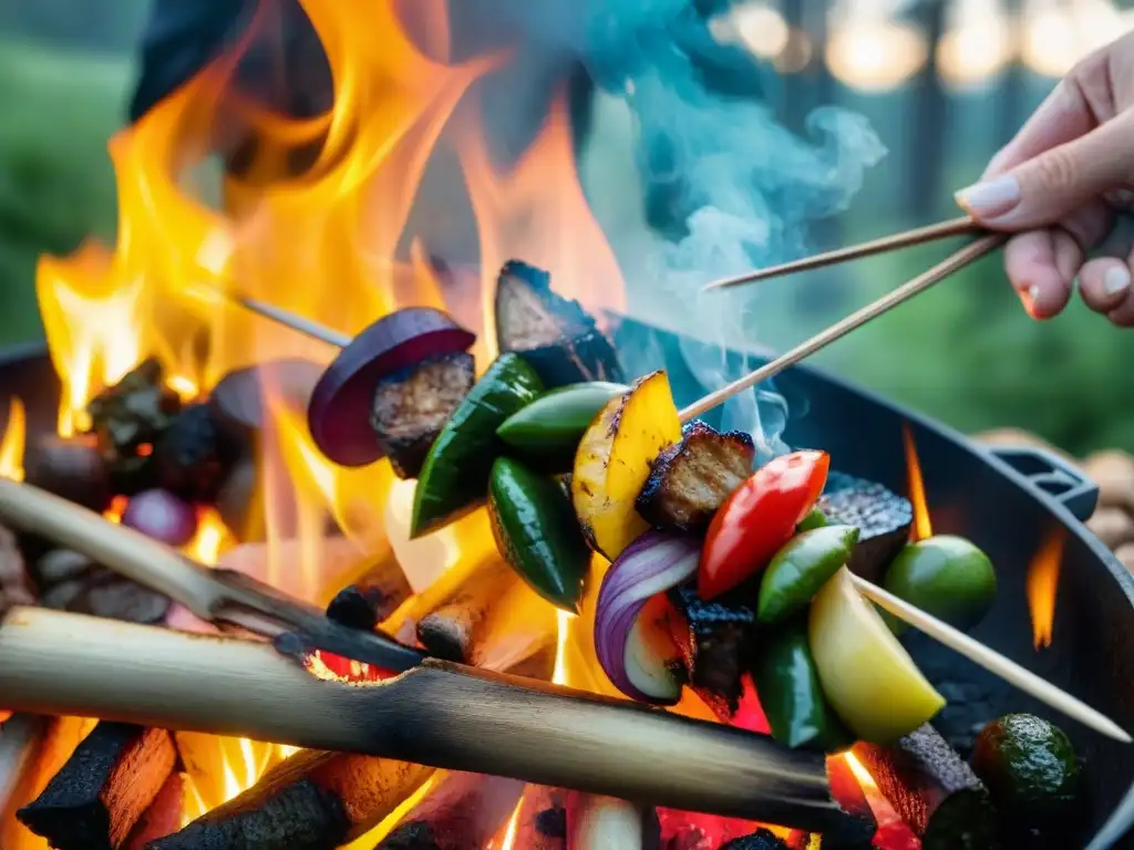 Mano sostiene brocheta sobre fogata en bosque al atardecer: sabores intensos para comidas camping