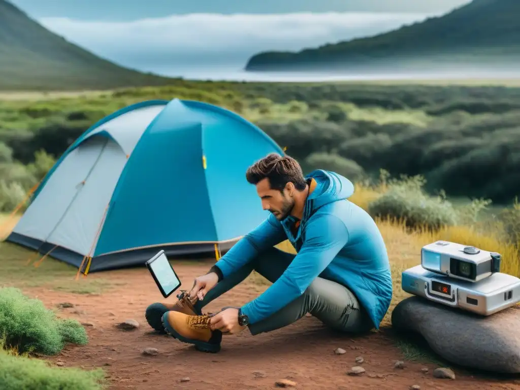 Exploración en Uruguay: camper con GPS en mano bajo cielo azul, resaltando los mejores GPS para camping en Uruguay