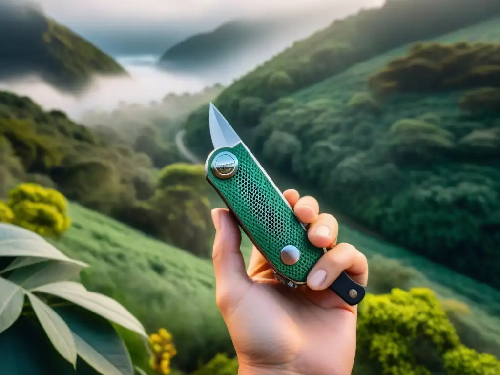 Mano sostiene cuchillo multitool en bosque de Uruguay, resaltando kit supervivencia camping