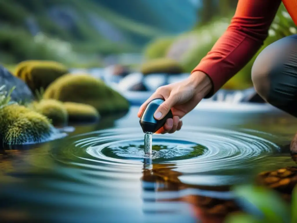 Mano de excursionista filtrando agua en la naturaleza