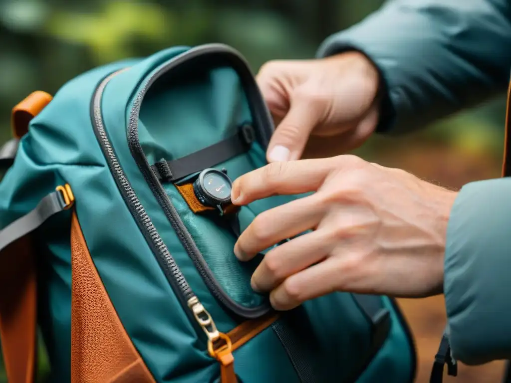 Mano de excursionista examinando detenidamente las costuras de una mochila técnica, manteniendo el equipo de camping en Uruguay