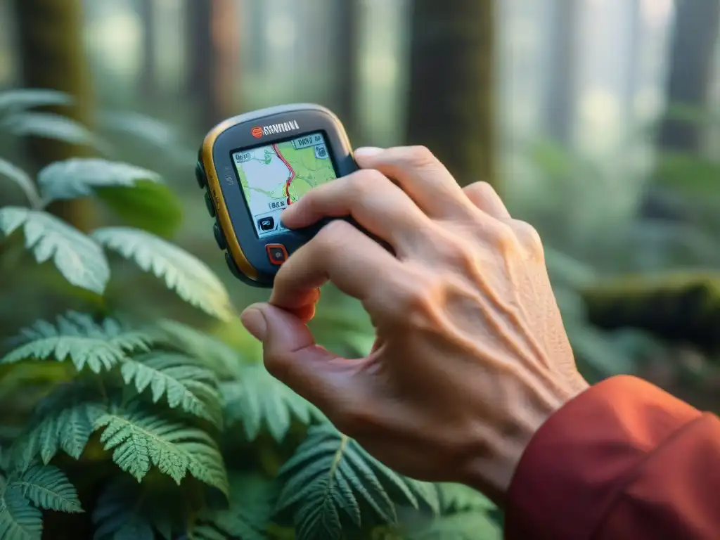 Mano de un excursionista experto presionando botón en GPS con funciones ocultas para campistas