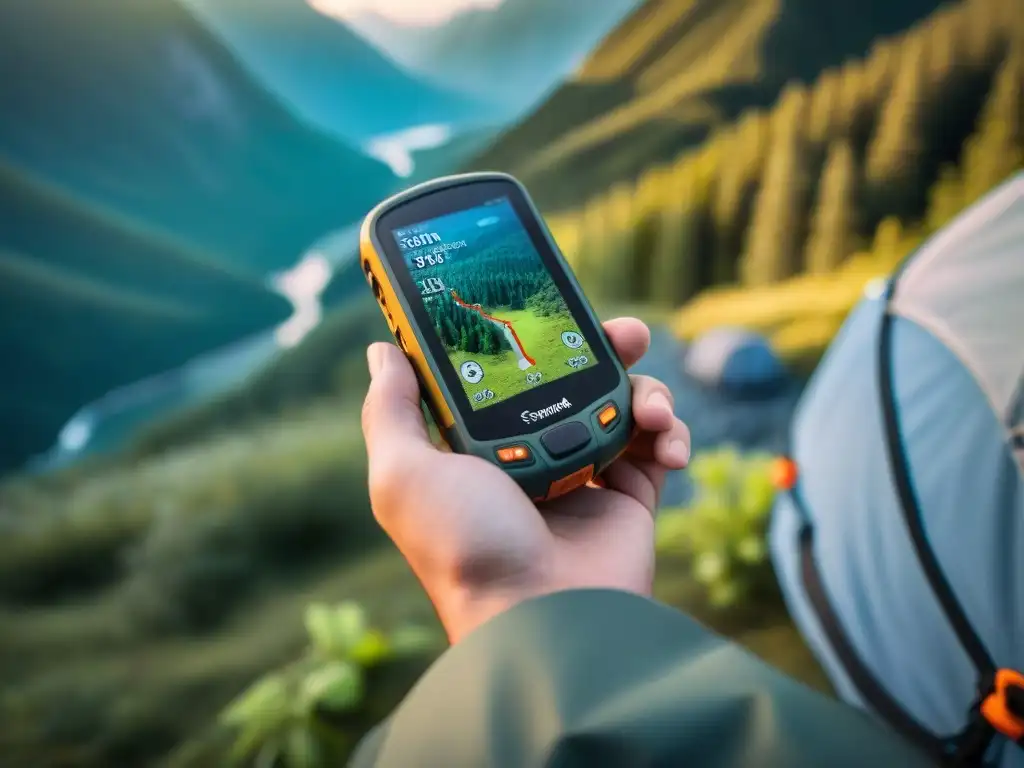 Mano de excursionista con GPS en mano, fondo de bosque denso y terreno agreste