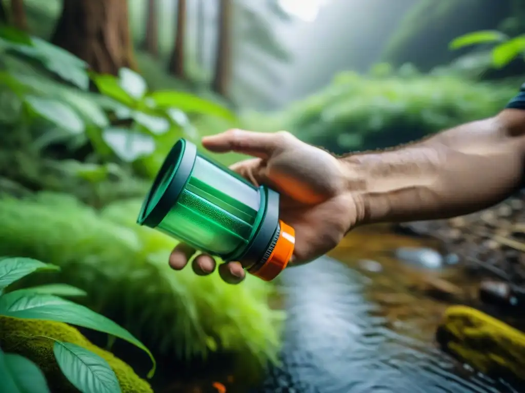 Mano sosteniendo filtro de agua en arroyo, los mejores filtros de agua portátiles