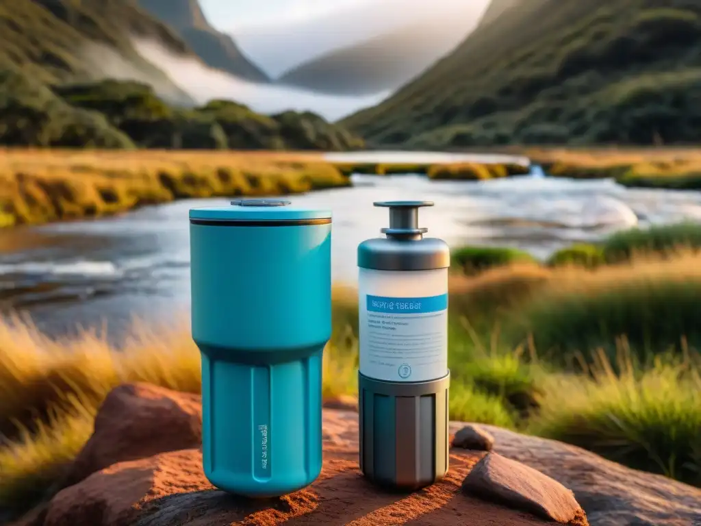 Mano sostiene filtro de agua en escenario natural de camping en Uruguay, purificando agua de arroyo