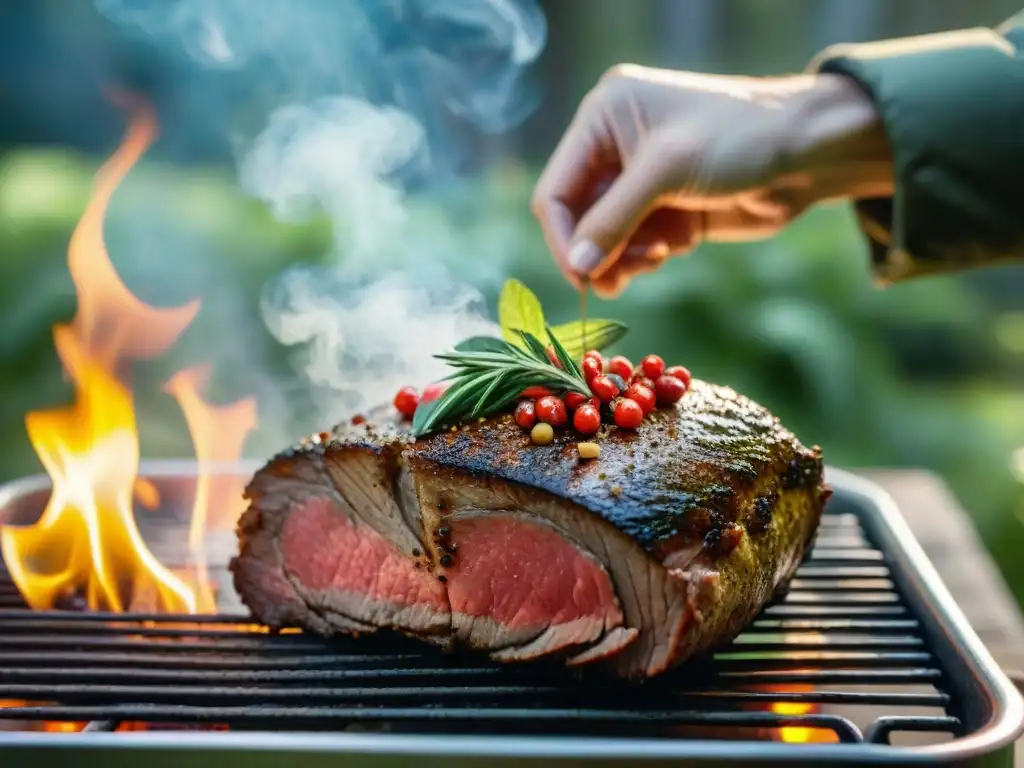 Mano espolvoreando hierbas y especias sobre carne marinada en camping