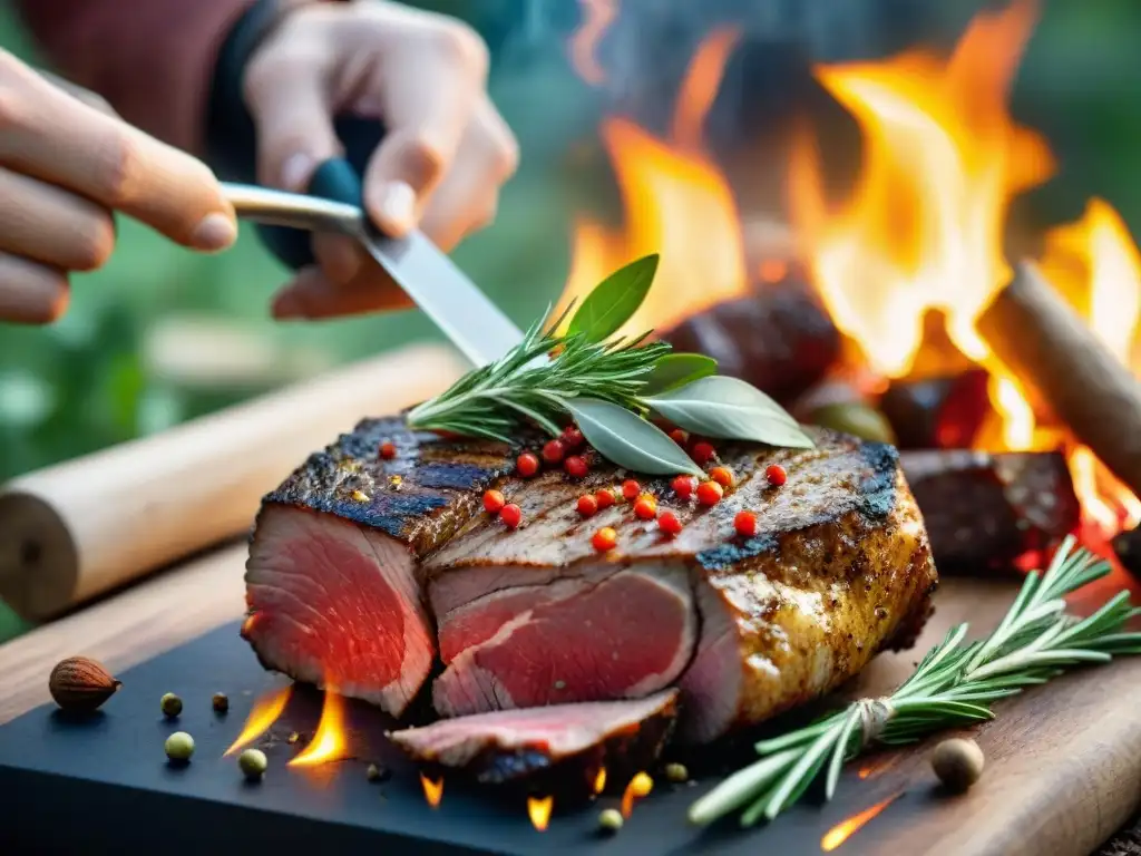 Mano espolvoreando hierbas y especias sobre carne cruda junto a fogata