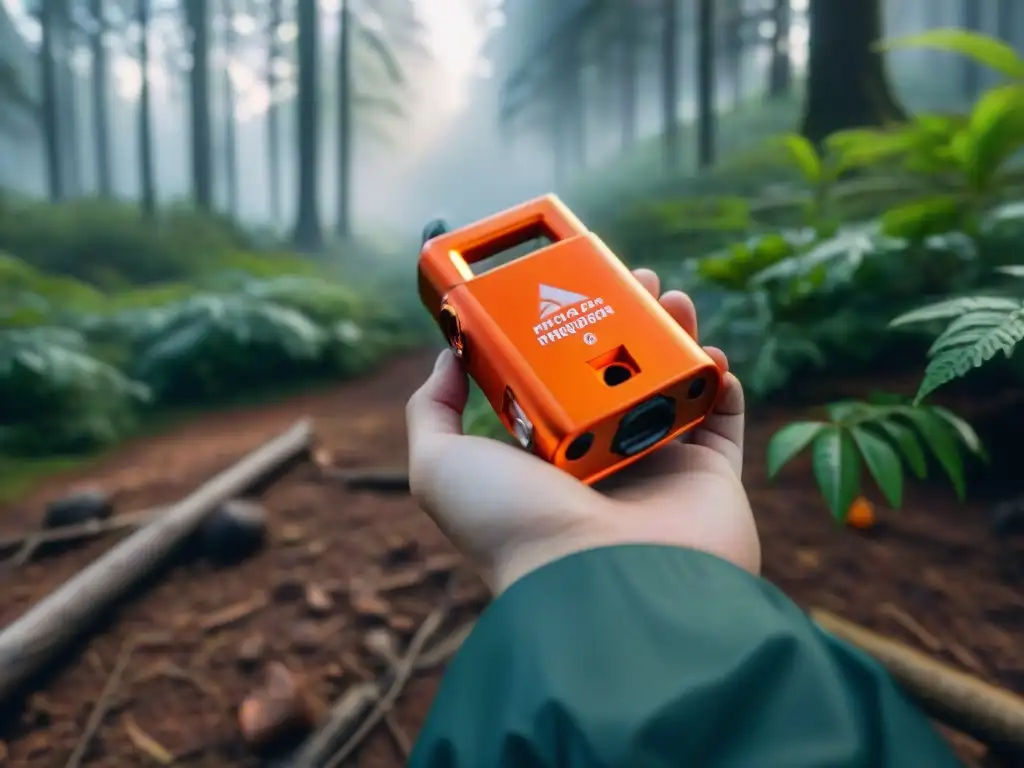 Mano sostiene silbato de emergencia brillante en bosque