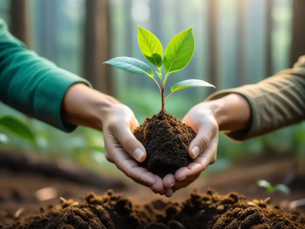 Manos cuidadosas plantan un árbol en proyecto de reforestación