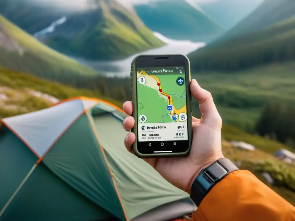 Manos expertas en camping sostienen GPS y smartphone en campamento