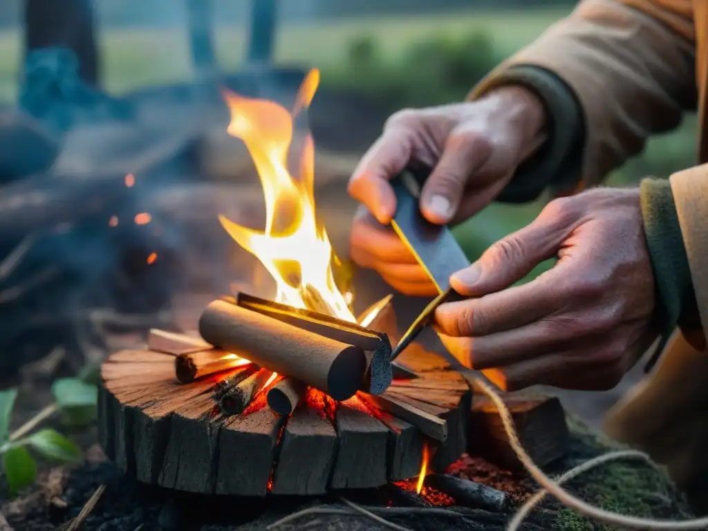 Manos expertas usan kit fuego tradicional, chispas vuelan al encender la leña seca en la naturaleza de Uruguay