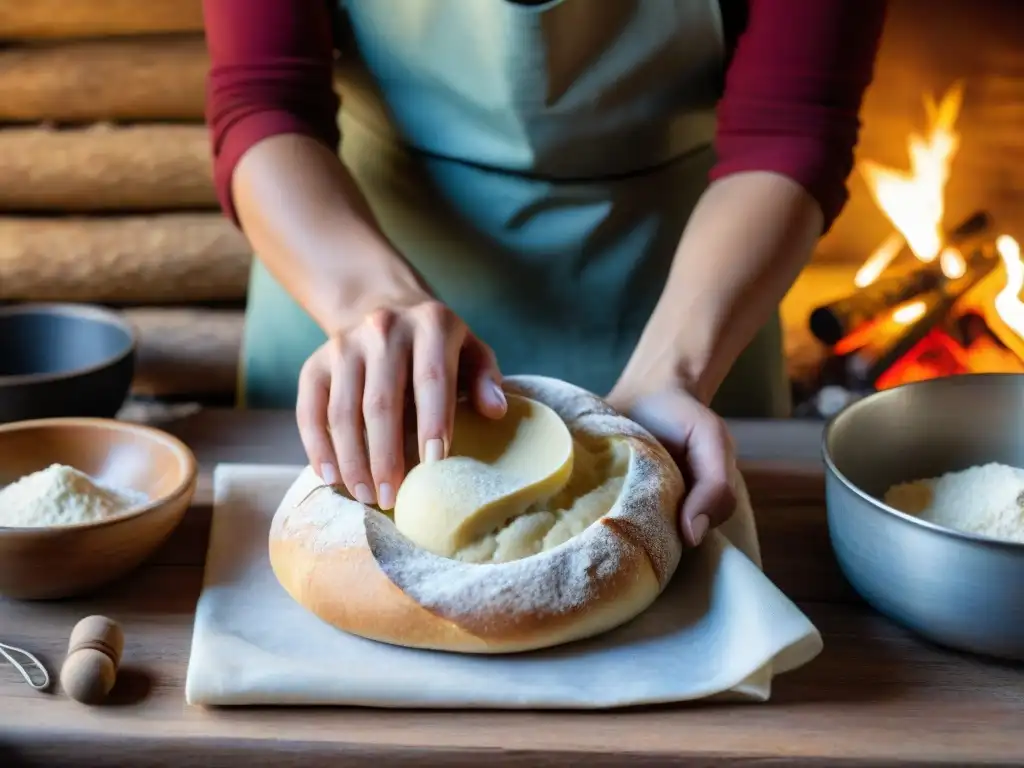 Manos expertas amasando masa en cocina camping de Uruguay, con ingredientes y utensilios tradicionales