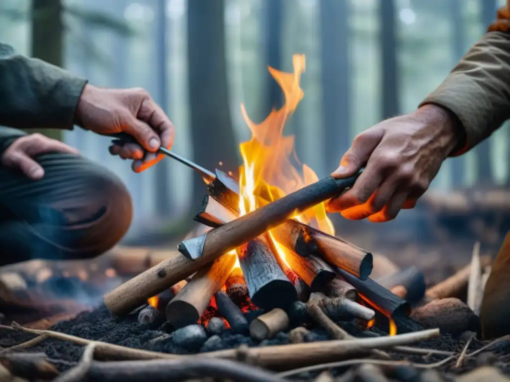 Manos expertas usando métodos para encender fuego en el bosque neblinoso