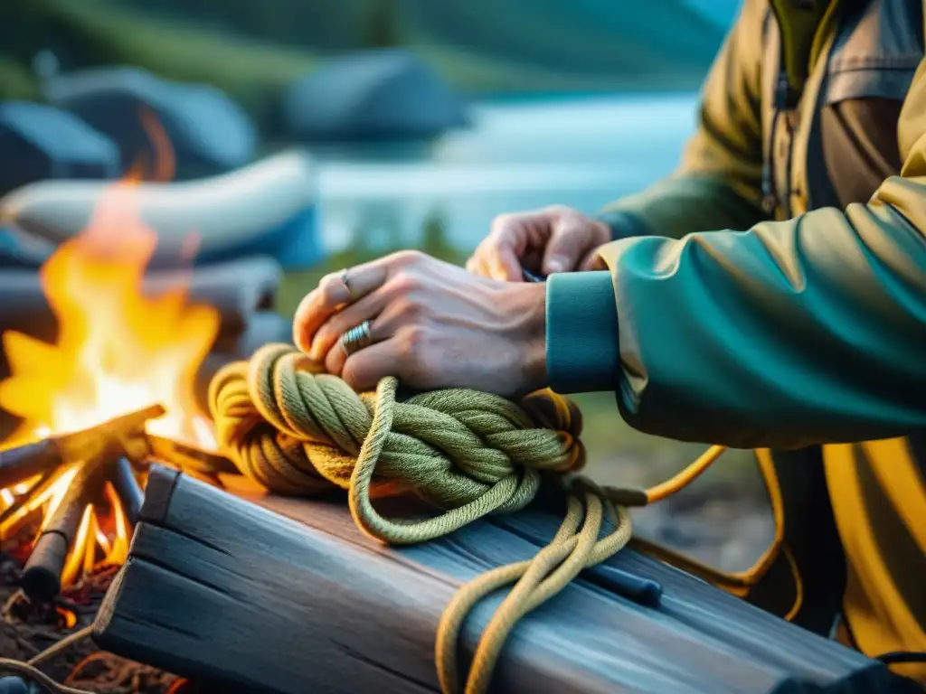 Manos expertas realizando nudos y amarres para camping con destreza en un entorno al aire libre