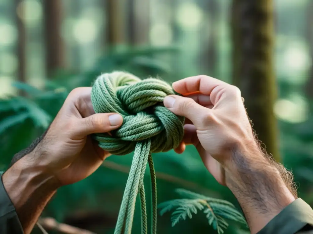 Manos expertas atando nudos de camping con destreza y precisión en un entorno natural