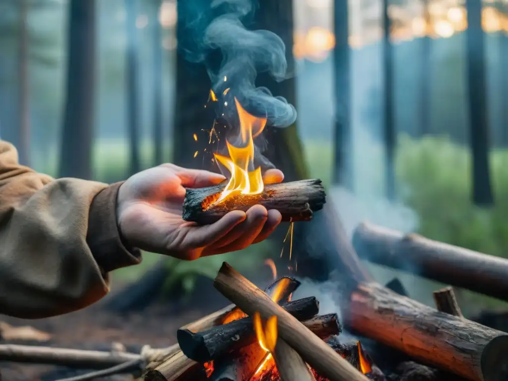 Unas manos hábiles encienden una chispa en tela carbonizada en un bosque, mostrando métodos para encender fuego