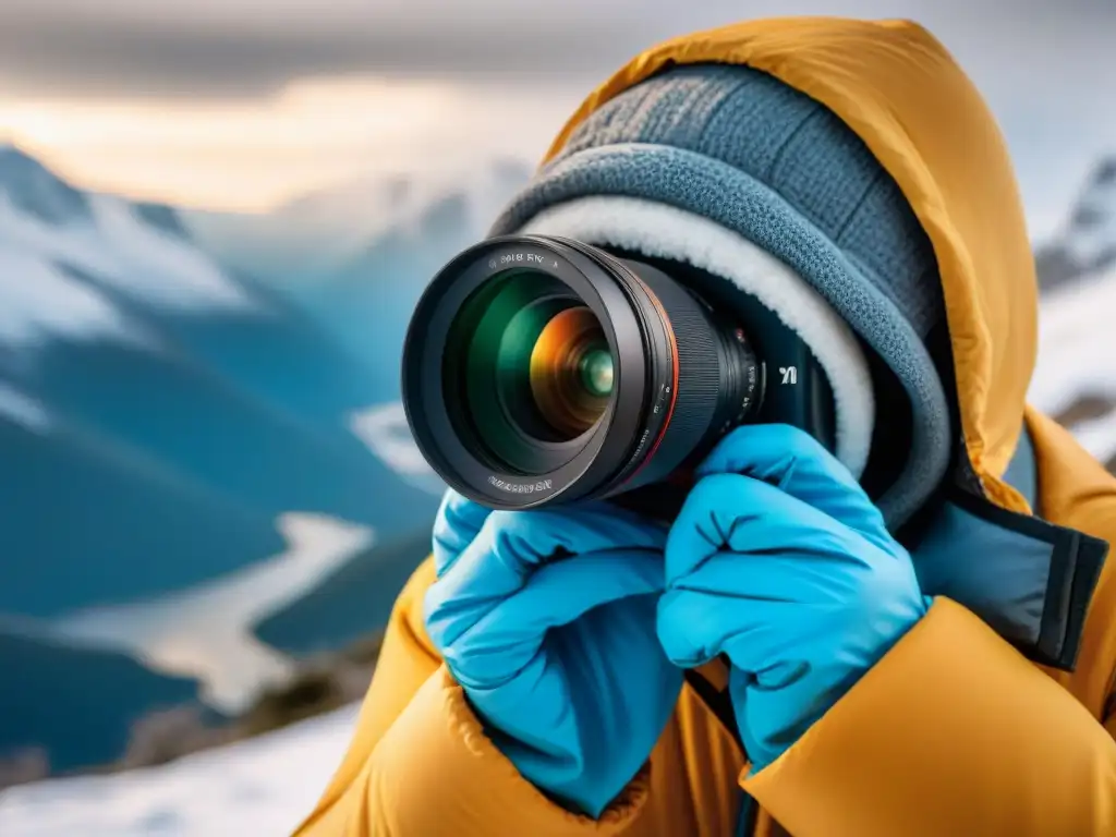 Mantenimiento del equipo fotográfico en camping durante una tormenta de nieve en la montaña