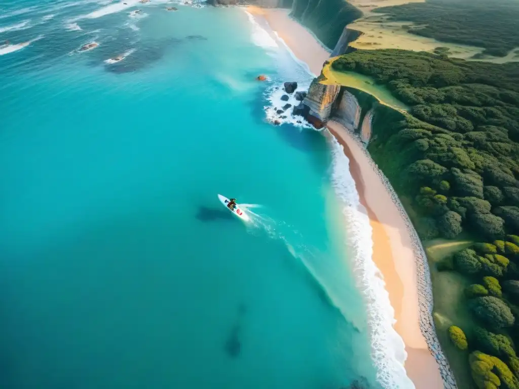 Maravillosa costa uruguaya capturada por un dron, donde un surfista disfruta de las olas