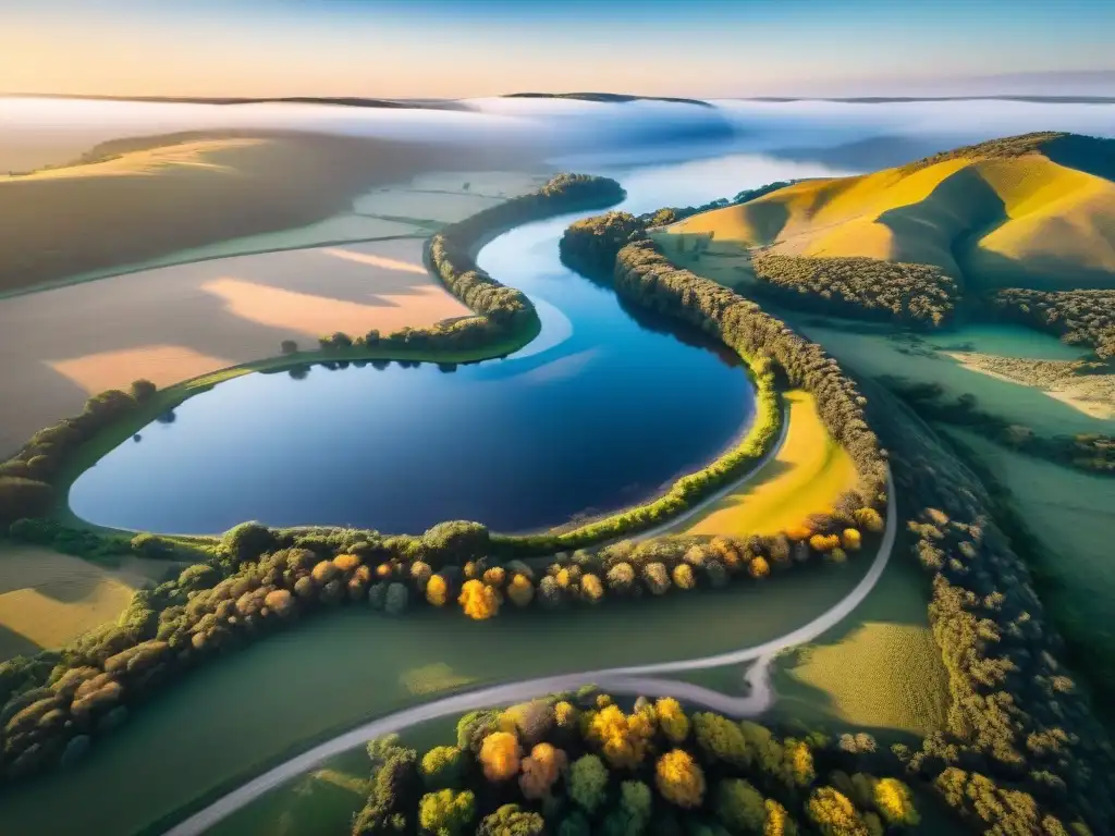 Maravillosa vista aérea del paisaje sereno del campo uruguayo al atardecer, con campistas cerca de un lago tranquilo